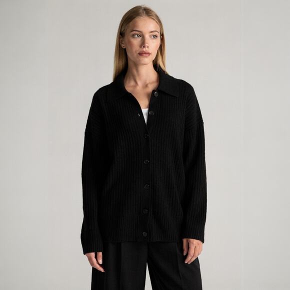 Quince Sweaters - New Quince Cashmere Wide Rib Collared Cardigan Black XS Oversized #54